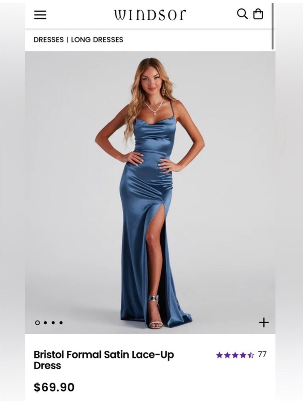 Windsor Satin Cowl Neck Slit Prom Dress in Steel Blue